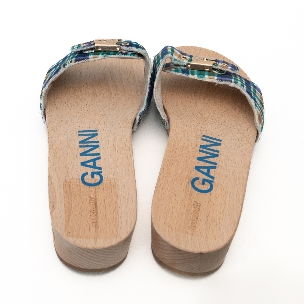 Ganni X Scholl. Wooden Clogs in Check Blue Iris. - Picture 9 of 11